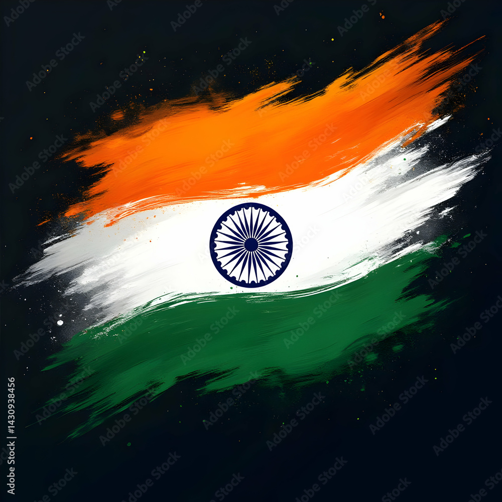Poster an artistic rendering of the indian flag, depicted with bold brushstrokes on a dark background. the 