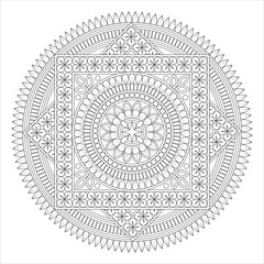 A detailed black and white mandala design featuring intricate patterns, floral elements, and geometric shapes. Ideal for coloring or artistic projects.