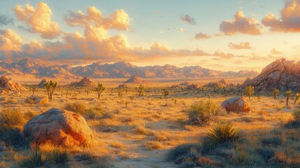 Desert landscape with rocks vegetation and sky with clouds at sunset.