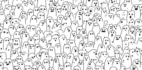 A simple cartoon doodle of many little cute ghost faces, seamless pattern