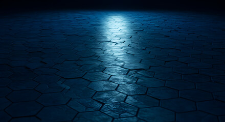 Mysterious Blue Tiled Floor With a Single Ray of Light Background