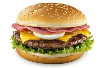 clear pixel picture of beef burger with ham egg onion lettuce and tomato