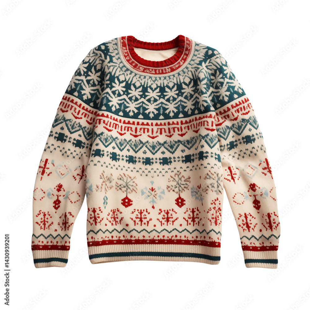 Poster a festive knit sweater with snowflake and geometric patterns in red green and white colors displayed