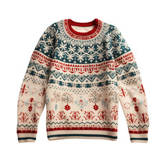 A festive knit sweater with snowflake and geometric patterns in red green and white colors displayed flat png