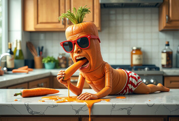 Humorous carrot character with sunglasses and striped shorts devouring a carrot on a kitchen countertop.