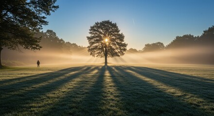 Tree Sunlight Field Early Morning Shadow Person