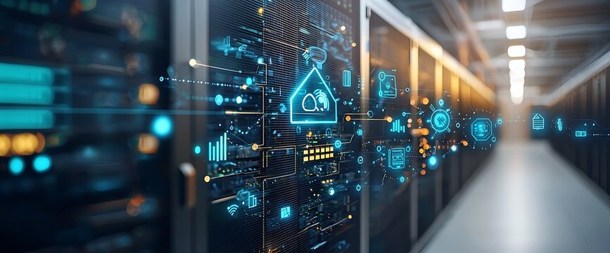 Data center with digital interface overlayed on servers, housing icon