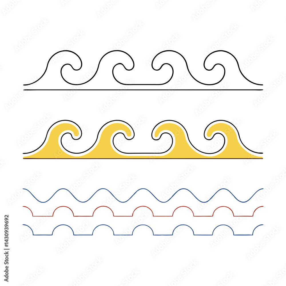 Poster stylized wave patterns in various colors and styles, showcasing creativity and design versatility, o