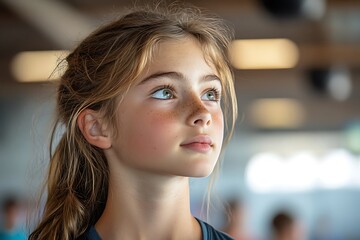 A thoughtful young girl gazes upward with a contemplative expression.