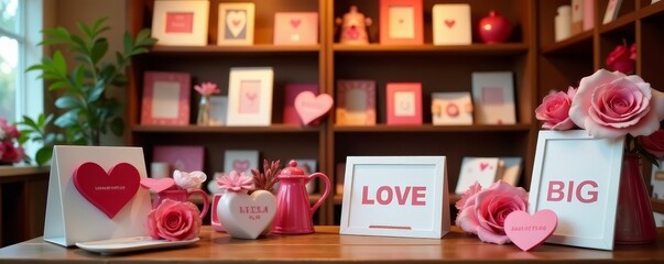 Display of romantic gifts and cards in a love-inspired boutique, gifts, romantic, cards