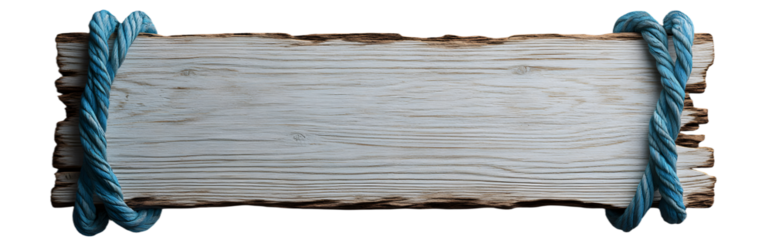 realistic photograph of a blank, wooden beach sign with edges wrapped in blue rope floating on a solid grey background