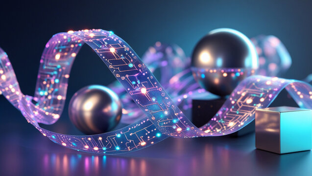 Abstract technology concept with circuit board ribbon and geometric shapes - Powered by Adobe