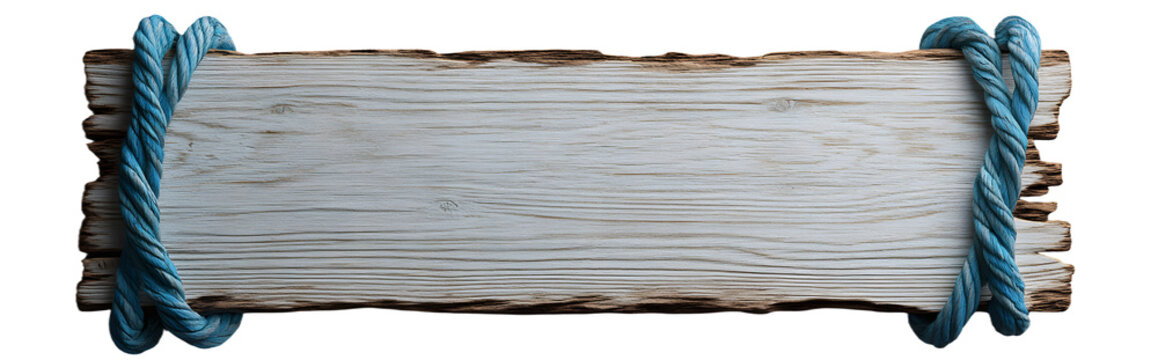 realistic photograph of a blank, wooden beach sign with edges wrapped in blue rope floating on a solid grey background