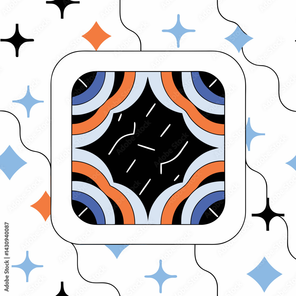 Poster colorful abstract pattern with geometric shapes and wavy lines, creating vibrant and modern design, 