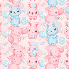 Obraz premium Adorable Pink and Blue Bunny Easter Pattern Watercolor Illustration