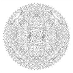 A detailed black and white mandala design featuring intricate patterns, floral elements, and heart shapes, suitable for coloring or decorative purposes.