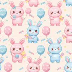 Obraz premium Adorable Pink and Blue Bunny Seamless Pattern Watercolor Cartoon Rabbits with Balloons and Candy