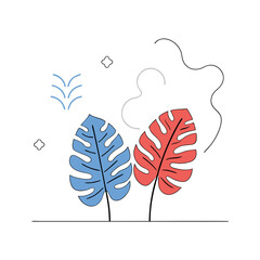 Tropical leaves in vibrant blue and red colors with clean outlines, creating lively and cheerful atmosphere, on white background, commercial use