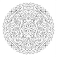 A detailed black and white mandala design featuring intricate floral patterns, geometric shapes, and symmetrical elements. Ideal for coloring or artistic projects.