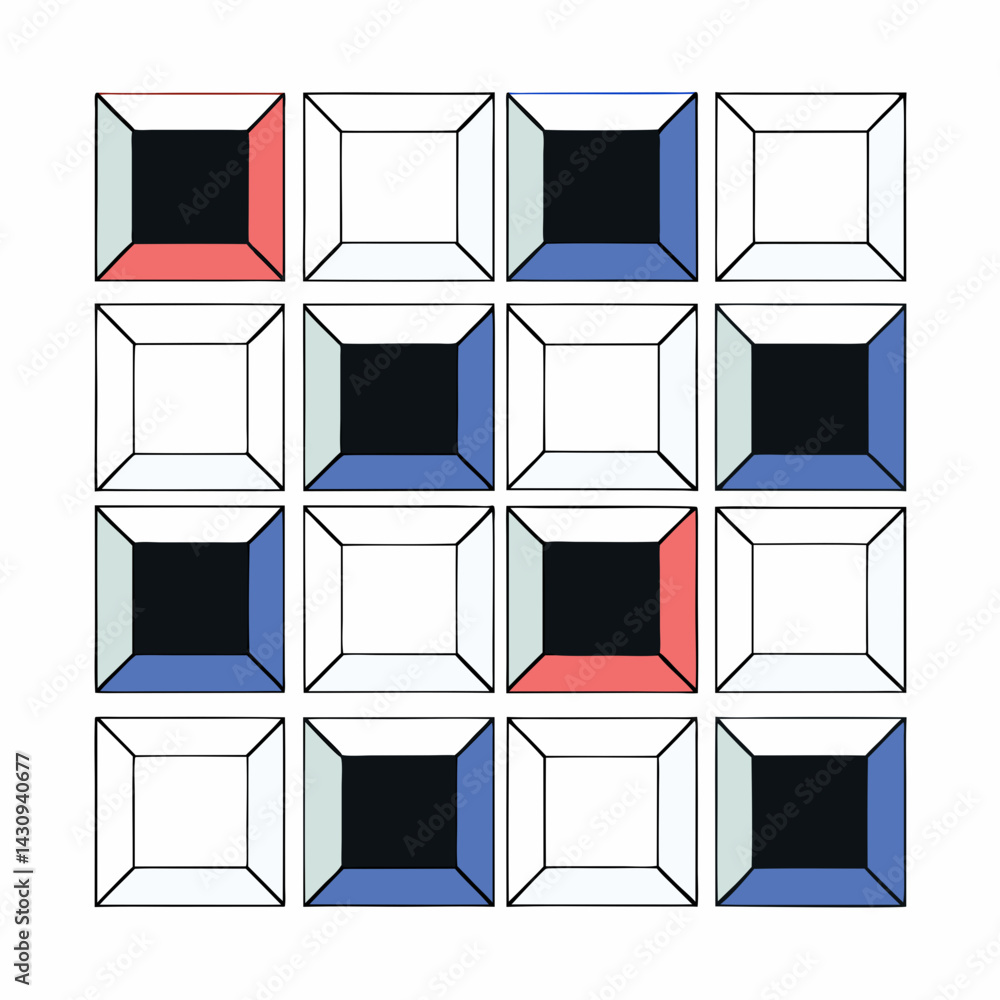 Poster geometric pattern with colorful cubes and shadows, creating modern and artistic design, on white bac