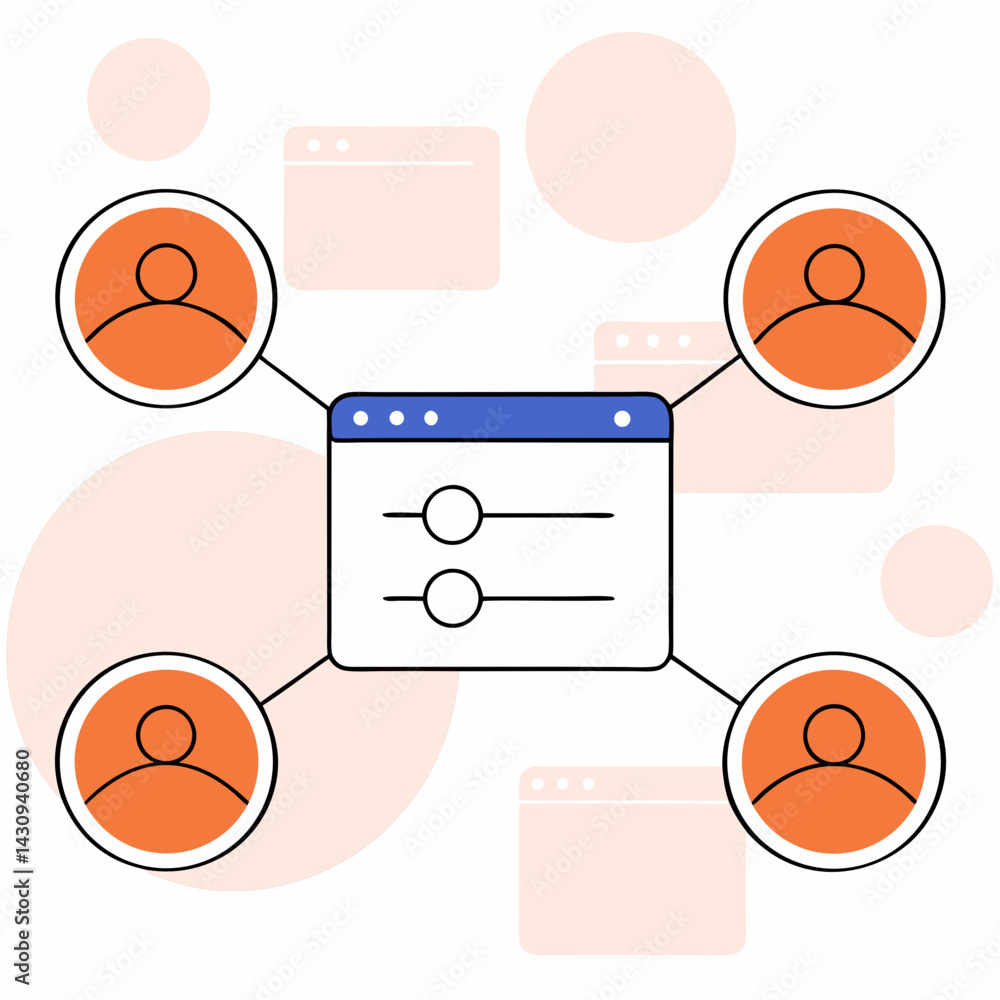 Poster network diagram illustrating connections between users and central interface, showcasing interaction