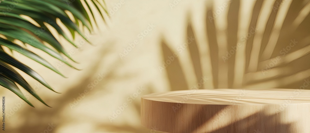Aufkleber 木製円形ステージに葉の影が落ちる背景に緑の葉の植物のクローズアップ 夏のトロピカルな雰囲気