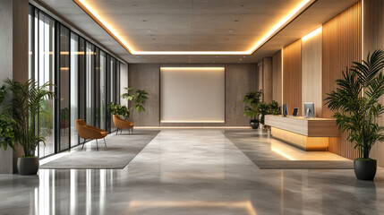 Fototapeta premium Modern Lobby with Marble Flooring, Orange Chairs, Reception Desk, and Greenery