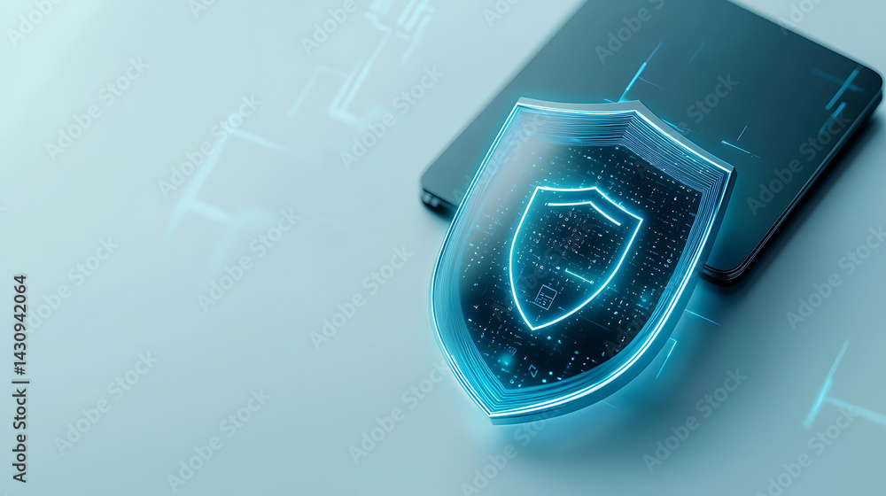 Poster enhancing mobile security digital shield concept on smartphone minimalist environment close-up view