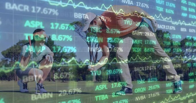 Golfing partners lining up putt on putting green, showing floating stock charts and percentage data - Powered by Adobe