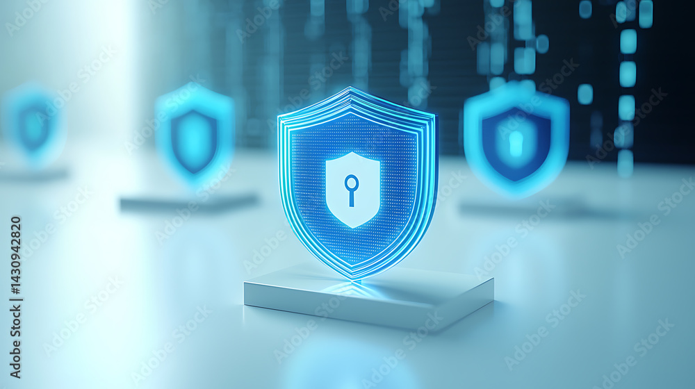 Poster cybersecurity event digital shield icons in a tech environment futuristic viewpoint of data protecti