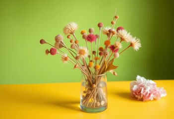 Dried flowers in glass vase, yellow table, green wall,  simple,  cozy