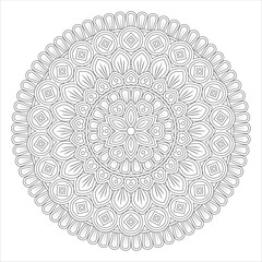 A detailed black and white mandala design featuring intricate floral patterns and geometric shapes, suitable for coloring or decorative purposes.