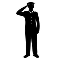 Obraz premium A silhouette of a male soldier in uniform saluting with pride.