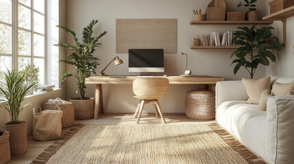 Natural Minimalist Home Office with Wooden Desk, Indoor Plants, and Cozy Decor