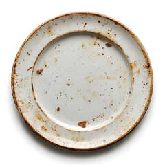 Top view dirty plate after eating isolated on white background