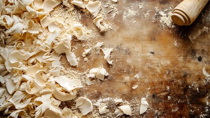 Shredded dough on wooden table