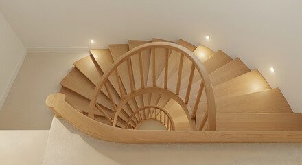 Wooden Staircase Interior Design With Spiral Pattern and Bright Lighting