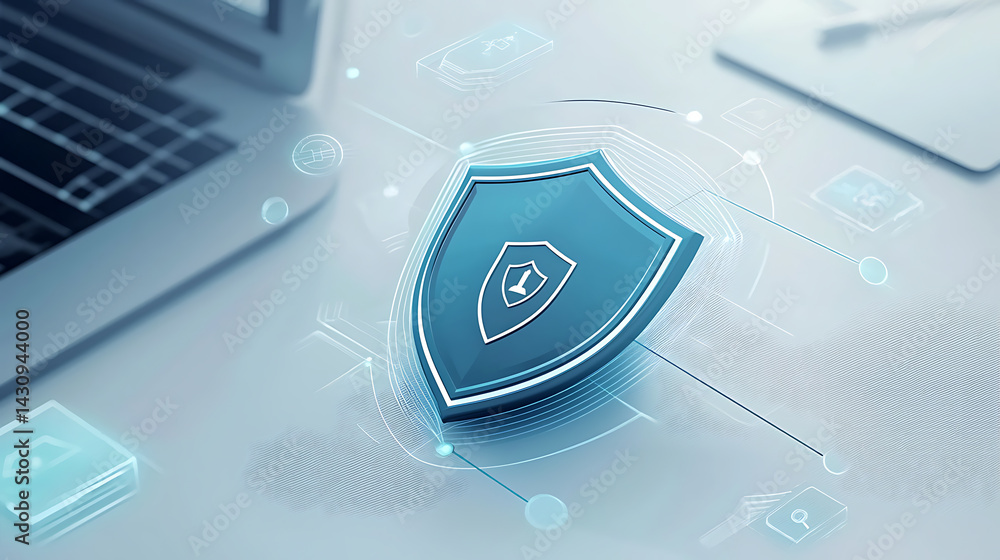 Poster cybersecurity measures implemented in digital workspace protecting data integrity modern office envi