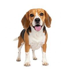 A cheerful Beagle with its tongue playfully sticking out and a bright, open expression is captured in a full-body shot against a clean white background