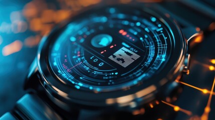 Futuristic smart watch interface displays various data streams.
