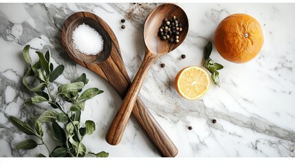 Wooden spoons and herbs on white marble background