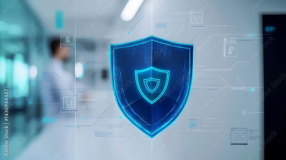Poster cybersecurity measures in modern offices protecting data with innovative shielding technology