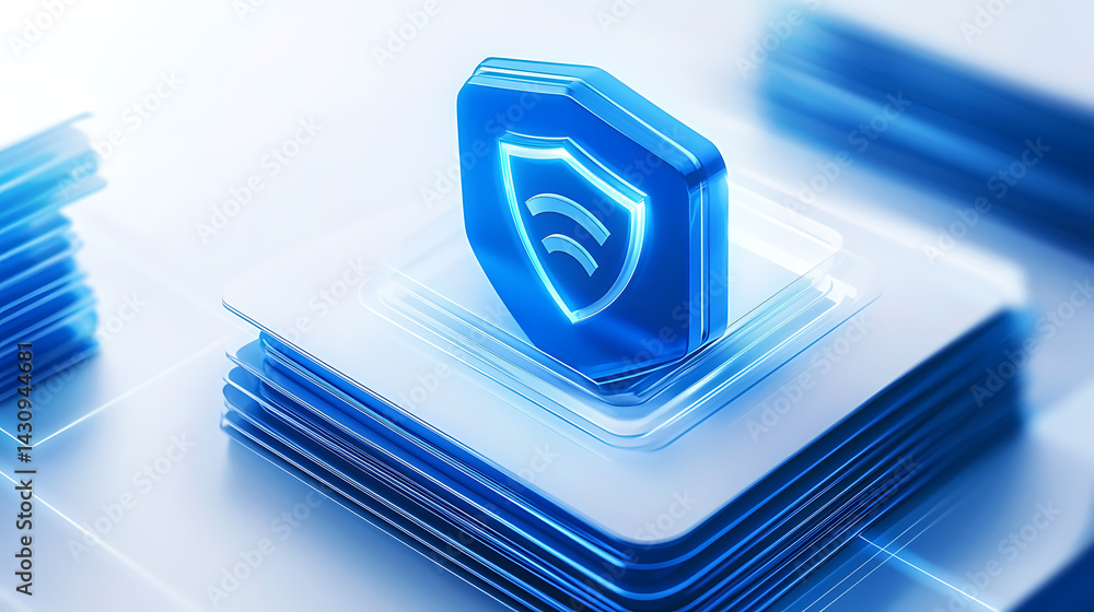 Poster protecting digital assets with cybersecurity shield icon virtual environment graphic design abstract