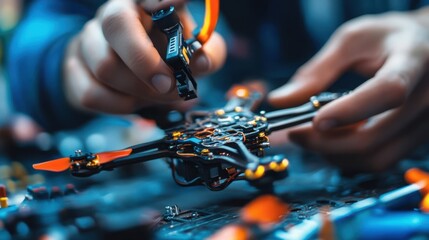 Close-up of meticulous drone repair work.