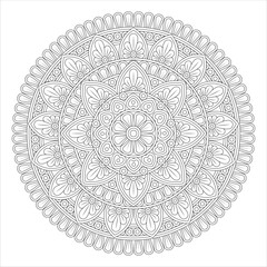A detailed black and white mandala design featuring intricate floral patterns and geometric shapes, suitable for coloring or artistic projects.