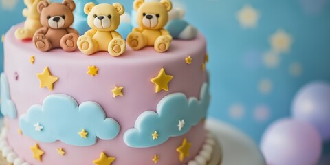 an adorable baby-themed cake with tiny teddy bears, stars, and clouds