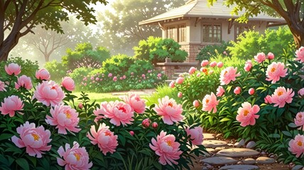 a gorgeous garden of large pink peonies