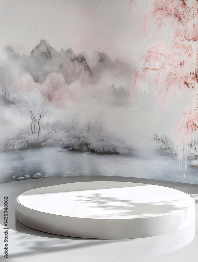 Aufkleber 白い円形プラットフォームと背景に水彩画の山と霧の風景 影と赤色のアクセントのある抽象的な芸術作品