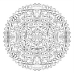 A detailed mandala coloring page featuring intricate floral patterns and geometric shapes, designed for relaxation and creativity.