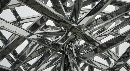 Architectural Composition Of Intersecting Steel Beams And Glass Panels